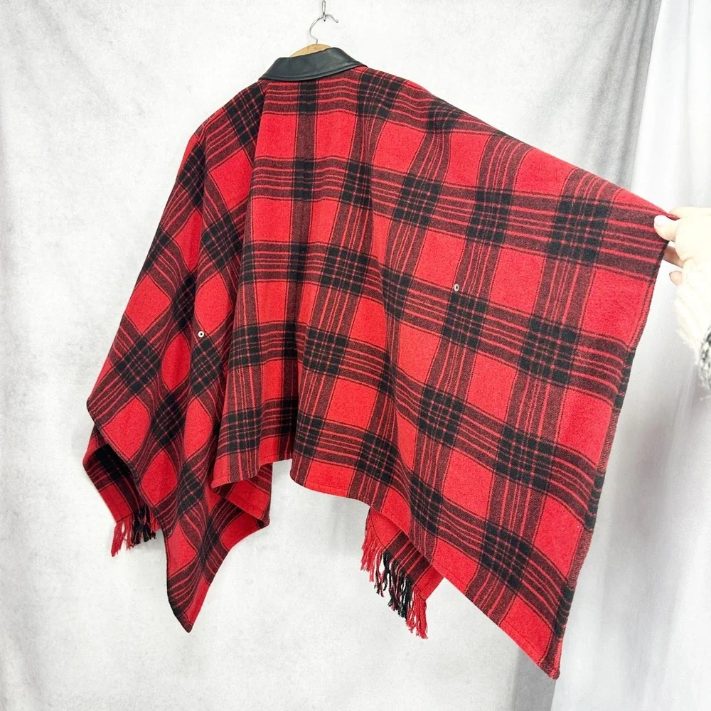 Rock & Republic Red Black Plaid Moto Poncho Faux Leather Trim Fringed‎ Size M/L